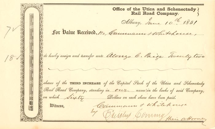 Utica and Schenectady Rail Road Co. signed by Erastus Corning